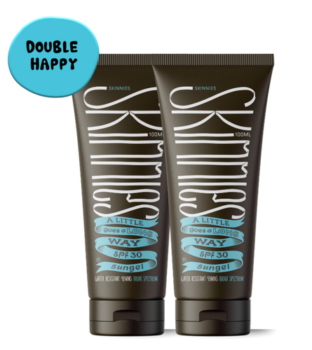 Two sunscreen tubes with 'Double Happy' label on a white background