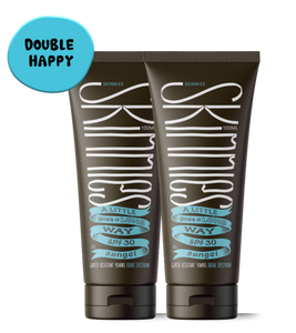 Two sunscreen tubes with 'Double Happy' label on a white background