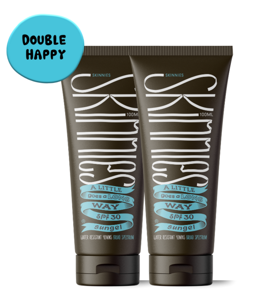 Two sunscreen tubes with 'Double Happy' label on a white background